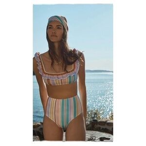 EPHEMERA Flounce Bra and High Waisted Bikini Pant in Bonbon Stripe NWT